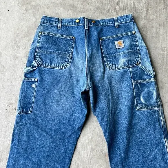 Carhartt faded denim blue jean double knee work wear carpenter pants - Picture 11 of 15
